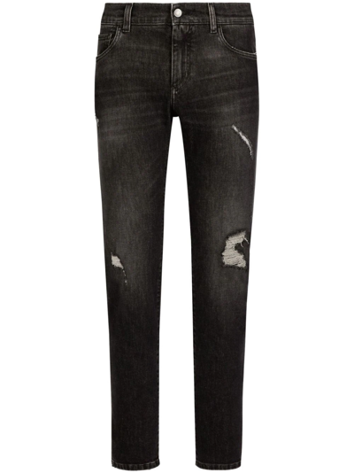 Dolce & Gabbana Straight Leg Distressed Jeans In Black