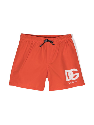 Dolce & Gabbana Kids' Boxer Da Mare Con Stampa Logo In Orange