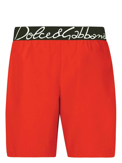 Dolce & Gabbana Boxer Mare Di Media Lunghezza In Nylon Leggero Con Logo  In Red