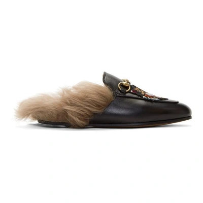 Gucci Black Pierced Heart Princetown Slippers In Black Natural