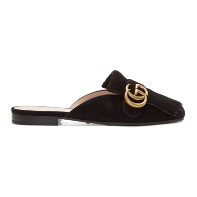 Gucci Marmont Fringed Logo-embellished Suede Slippers In Black