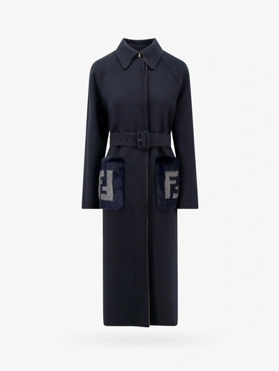 Fendi Men Monogram-print Belted Virgin-wool Coat In Blue