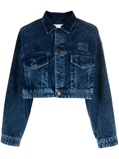 Miu Miu Washed Velvet Blouson Jacket In Blue