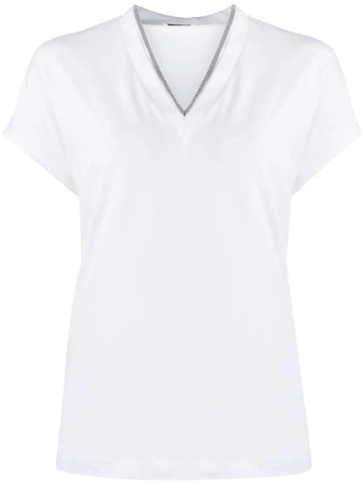 Brunello Cucinelli Short Sleeve V-neck Sweater In Blanco