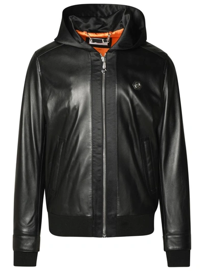 Philipp Plein Leather And Satin Hooded Bomber Jacket In Black