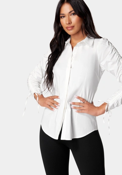 Bebe Ruched Sleeve Poplin Shirt In White Alyssum