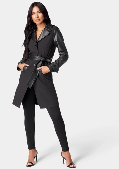 Bebe Vegan Leather Combo Woven Twill Trench Coat In Black
