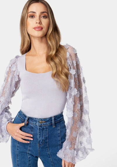 Bebe Embroidered Sleeves Square Neck Sweater In Lavender Fog