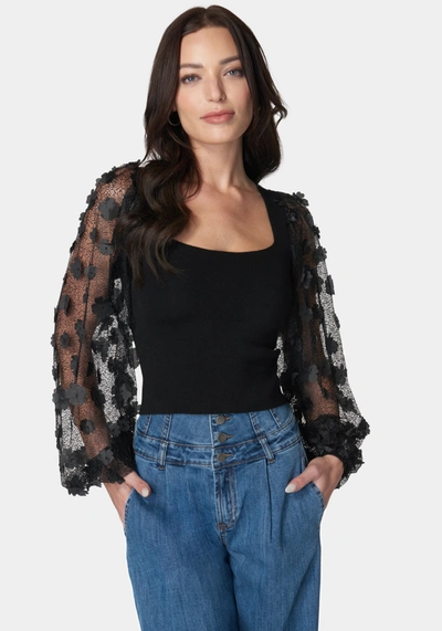 Bebe Embroidered Sleeves Square Neck Sweater In Black