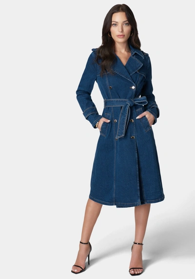 Bebe Double Breasted Denim Trench Coat In True Blue Wash