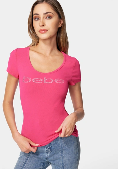 Bebe Logo Short Sleeve Round Neck Rib Top In Raspberry Sorbet