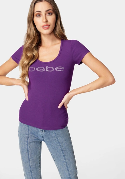 Bebe Logo Short Sleeve Round Neck Rib Top In Imperial Purple
