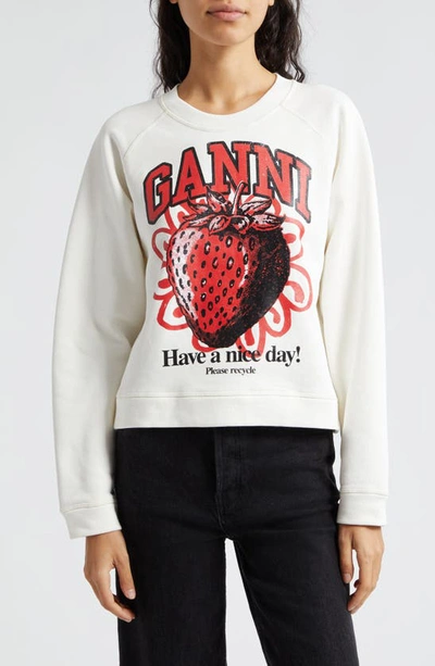 Ganni Strawberry-print Organic Cotton Sweatshirt In White