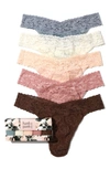 Hanky Panky 5 Pack Plus Size Signature Lace Thongs In Printed Still Life Box In Grey/ivory/rose/cappuccino