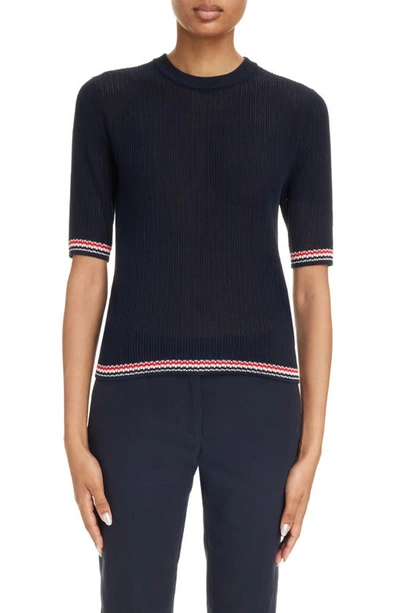 Thom Browne Rwb Stripe Pointelle-knit Top In Navy