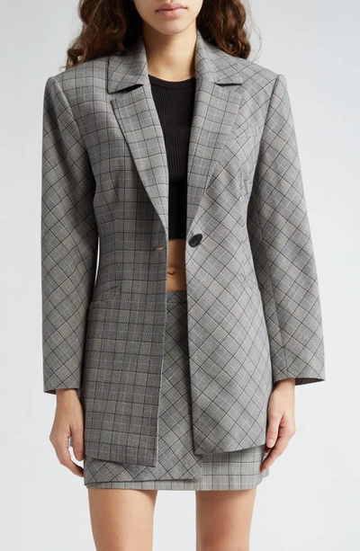 Ganni Mixed-check Fitted Blazer In Frost Gray