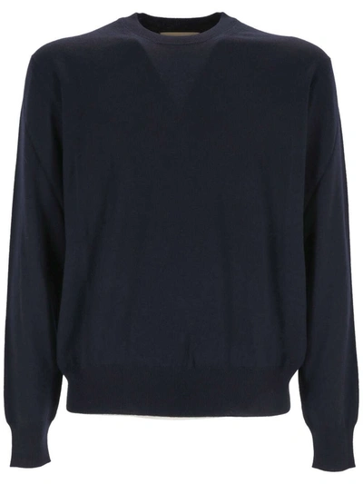 Gucci Logo Embroidered Knit Sweater In Dark Blue/ivory