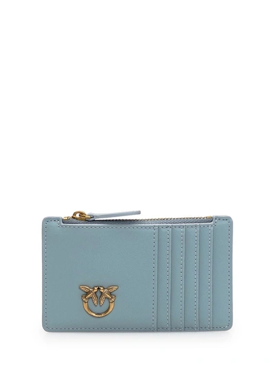 Pinko 'airone' Light Blue Card-holder With Logo Patch In Leather Woman In Gray