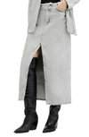 Allsaints Honor Frayed Denim Maxi Skirt In Snow Grey