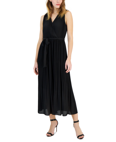 T Tahari Women's Faux-wrap Sleeveless Pleated Fit & Flare Maxi Dress In Black