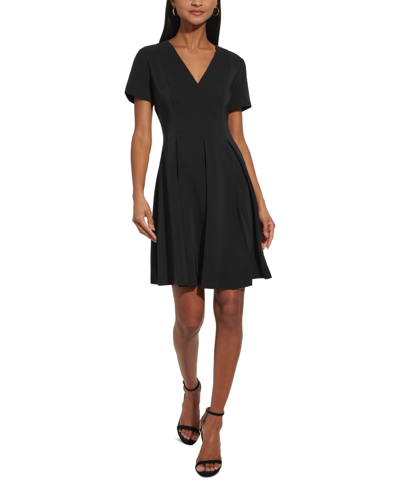 Tommy Hilfiger Petite V-neck Pleated Fit & Flare Dress In Black