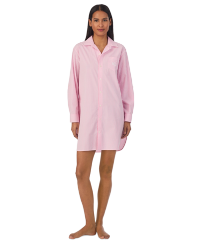 Lauren Ralph Lauren Plus Size Long-sleeve Roll-tab His Shirt Sleepshirt In Pink Stripe