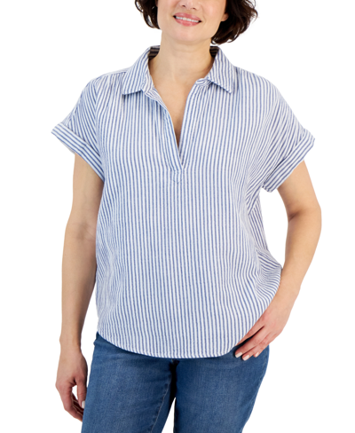 Style & Co Petite Cotton Short-sleeve Camp Shirt, Created For Macy's In Stripe White