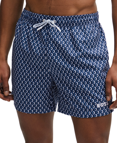 Hugo Boss Micro-print Quick-drying Swim Shorts With Logo Detail In Dark Blue