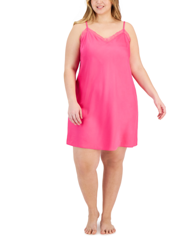 Inc International Concepts Plus Size Lace-trim Satin Chemise, Created For Macy's In Divine Berry