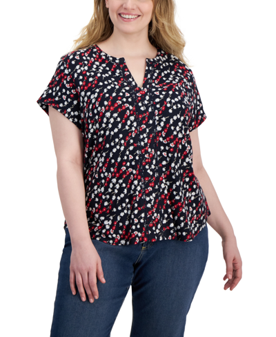 Tommy Hilfiger Plus Size Ditsy Floral Cap-sleeve Top In Sky Captain Multi