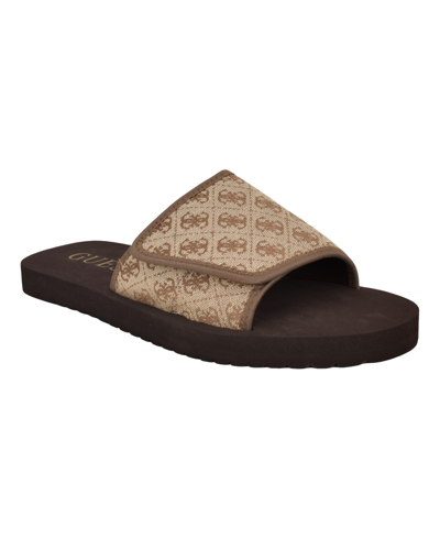 Guess Men's Hartz Branded Fashion Slide Sandals In Brown Logo Multi