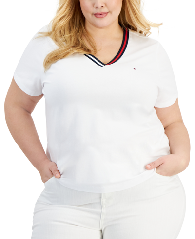 Tommy Hilfiger Plus Size Contrast-trim V-neck Top In Bright White