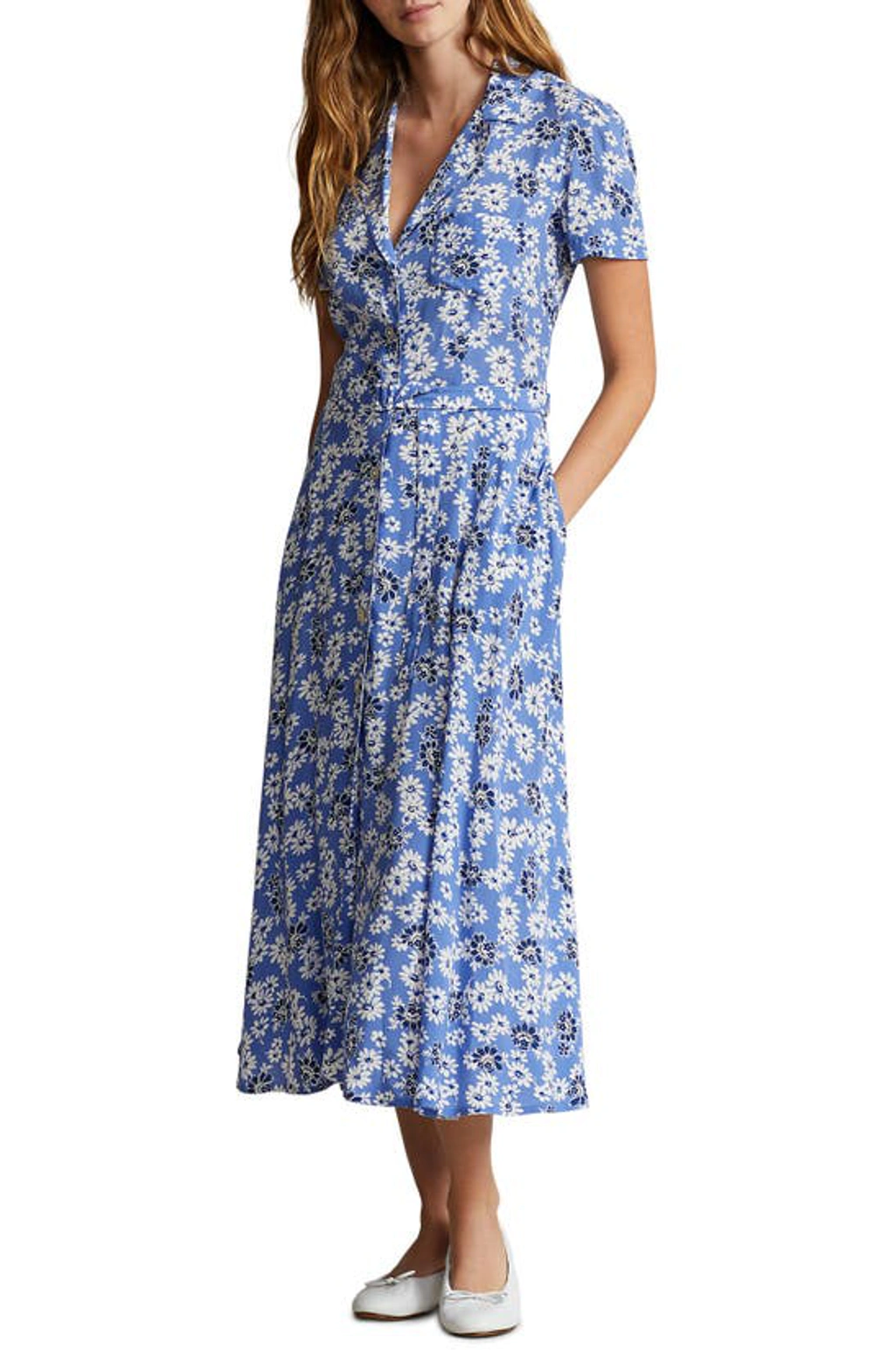 Polo Ralph Lauren Floral Crepe Short-sleeve Dress Woman Midi Dress Light  Blue Size 8 Viscose In Blue Cosmos Floral | ModeSens
