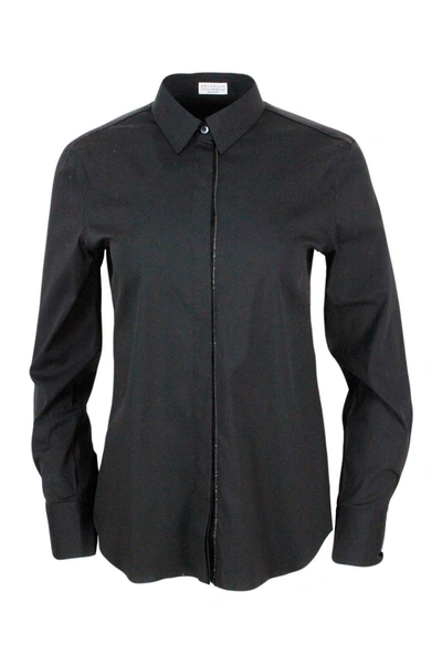 Brunello Cucinelli Long-sleeved Shirt In Stretch Cotton With Long Monili Closure In Black