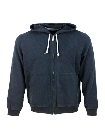 Brunello Cucinelli Hooded Sweatshirt With Drawstring In Soft And Precious Cotton With Zip Closure In Black