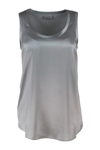 Brunello Cucinelli Sleeveless Round Neck Top In Stretch Silk In Grey