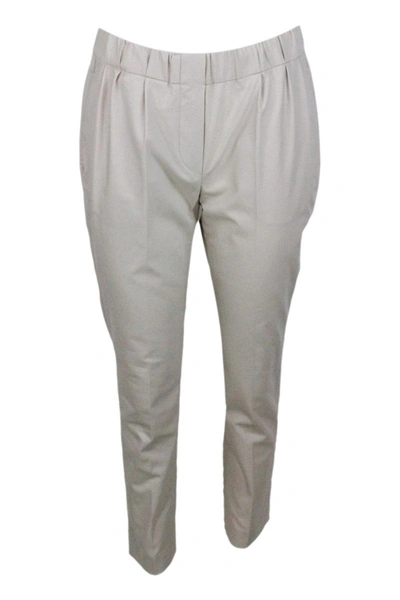 Brunello Cucinelli Stretch Cotton Trousers With Elastic Waistband And Small Pleats On The Front In Beige