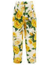 Dolce & Gabbana High-waisted Cotton Pants With Yellow Rose Print In Multicolor