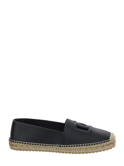 Dolce & Gabbana Leather Espadrilles With Logo In Black