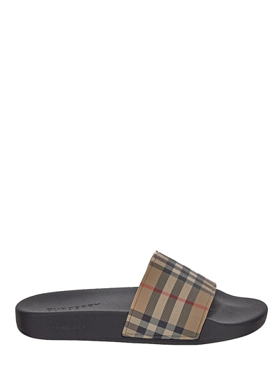Burberry Check Cotton And Mesh Slides In Beige