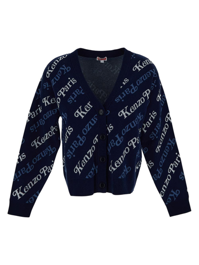 Kenzo Verdy Intarsia-logo Cropped Cardigan In Blue