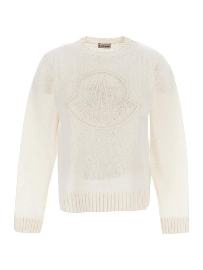 Moncler Logo Embroidered Knit Sweater In Ivory