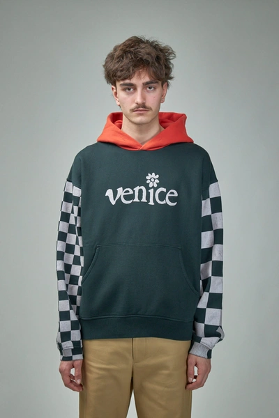 Erl Venice Checked Sleeve Hooded Sweatshirt In Green