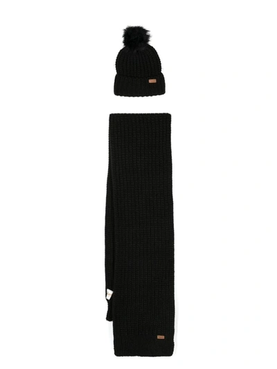 Barbour Logo Patch Rib Knit Puff Beanie In Black