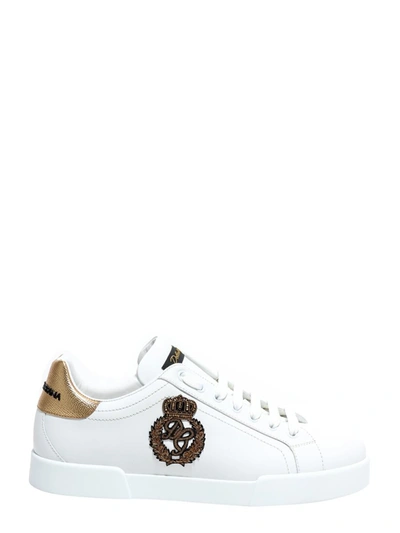 Dolce & Gabbana Dolce And Gabbana White And Gold Crest Portofino Sneakers In White,gold