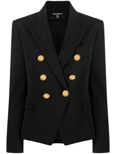 Balmain Double Breast Wool Blazer Jacket In Black