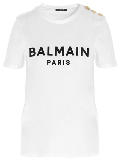Balmain Logo印花纽扣缀饰t恤 In White