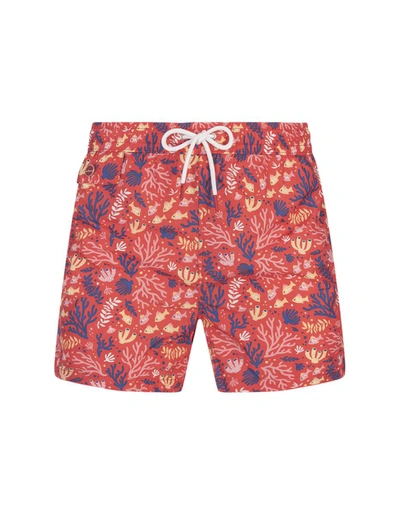 Kiton Red Swim Shorts With Fish And Coral Pattern