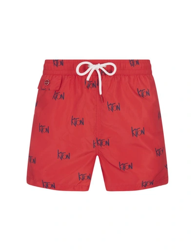 Kiton All-over Logo Printed Swim Shorts In Red