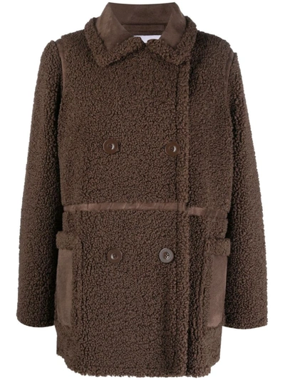 Stand Studio Double-breasted Faux-fur Jacket In Brown